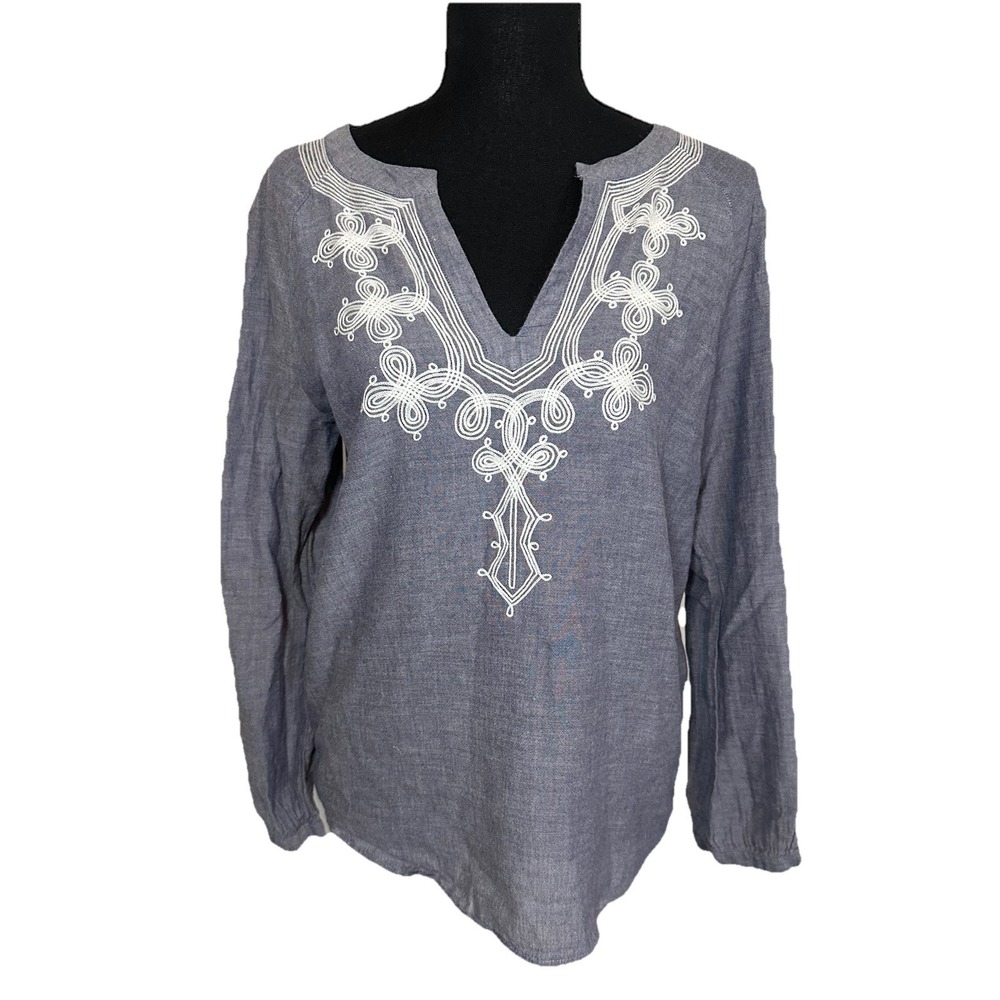 J. Crew Women's‎ SMALL Embroidered Chambray Blue White Popover Blouse Nautical